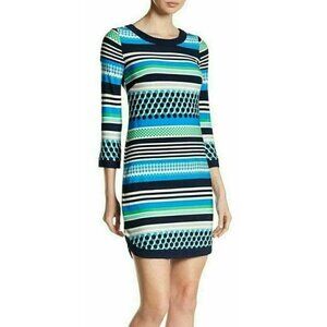 Vince Camuto Womens Blue Jersey Dotted Stripe Crew neck Mini Dress Size 14